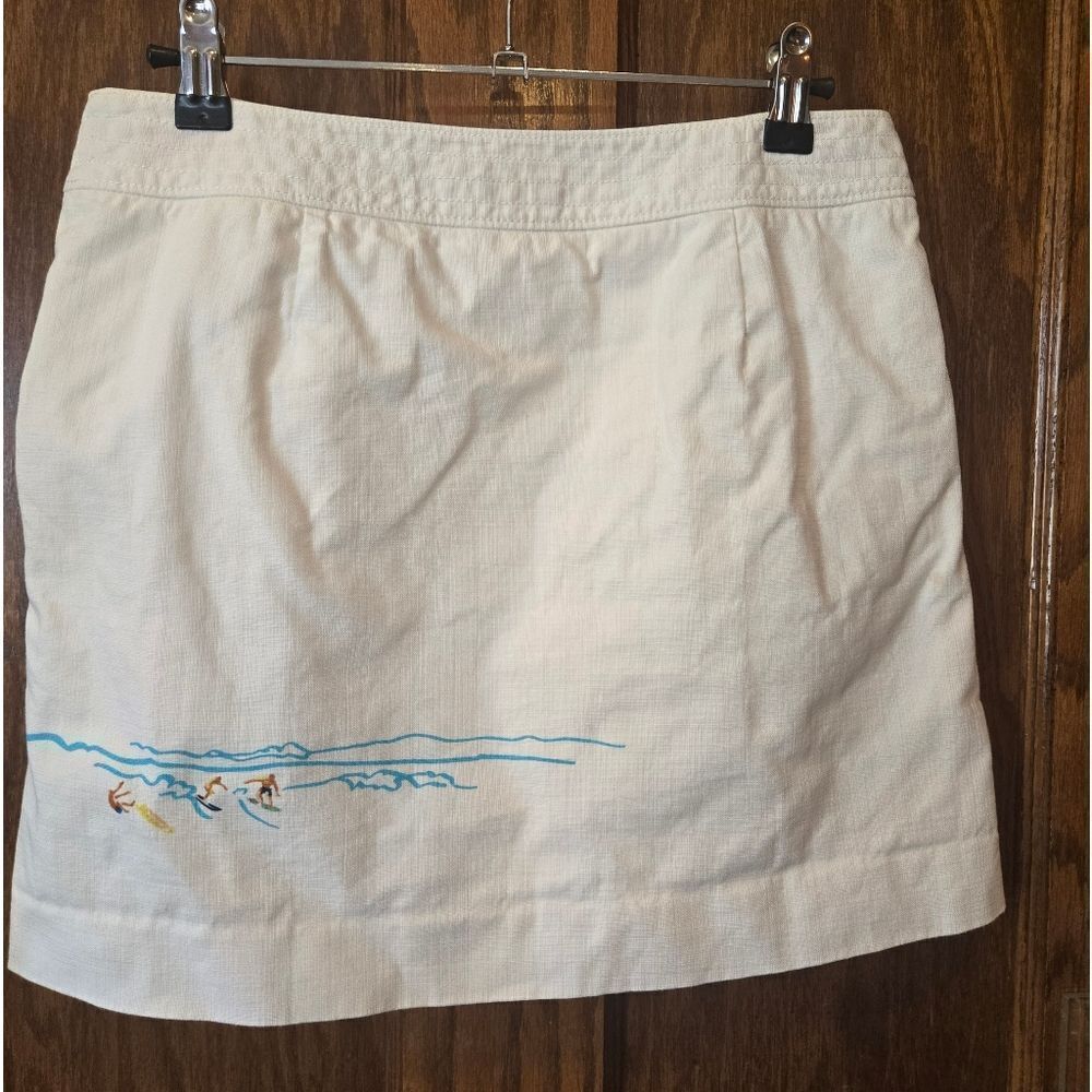 J CREW RARE VINTAGE Ivory Skirt with Malibu Beach Surfing Scene Print - Picture 6 of 11